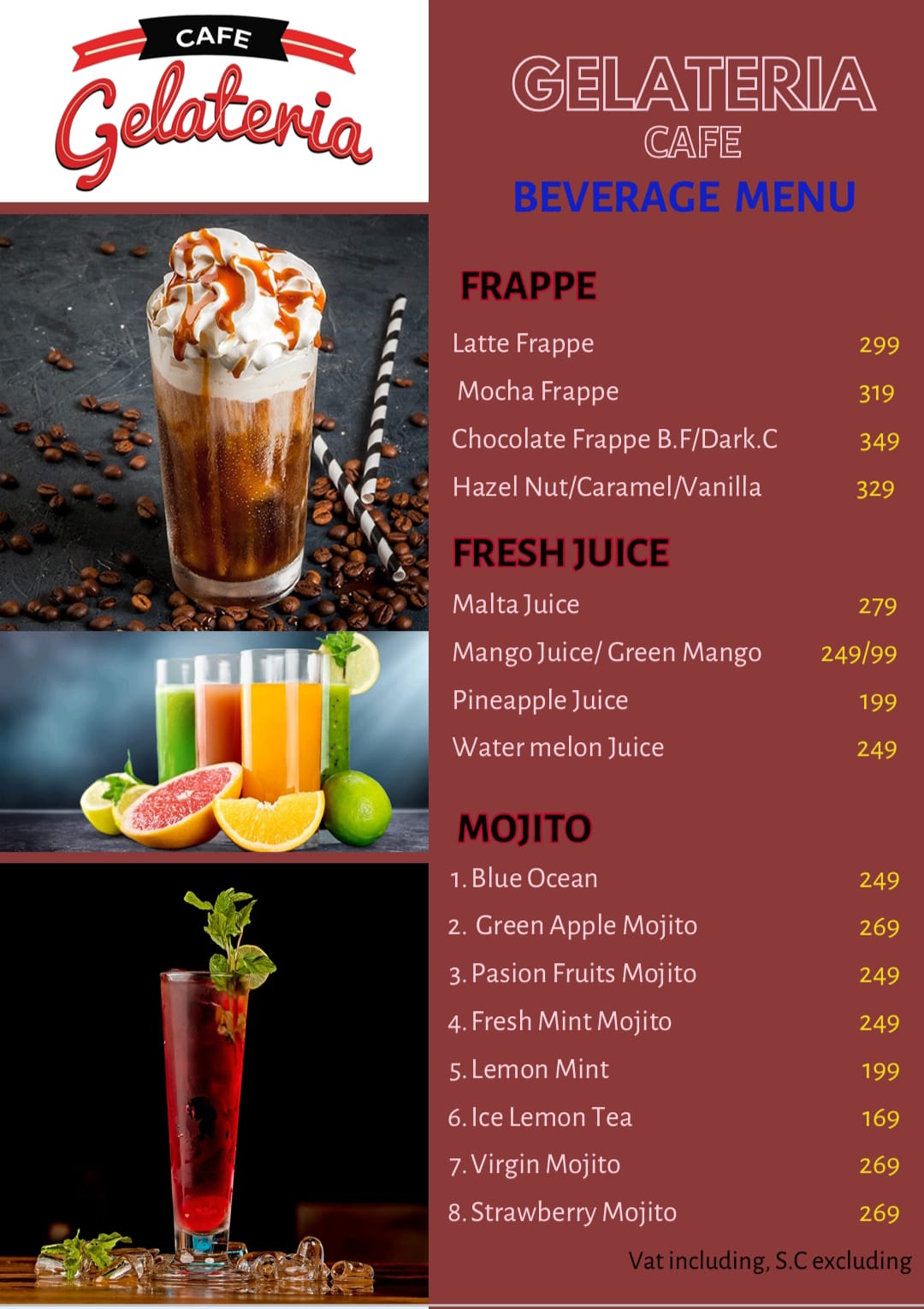 Cafe gelateria beverage menu